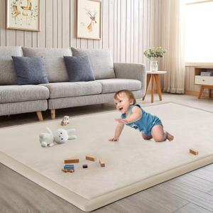 Baby Play Mat for Floor Nursery Rug Muscle Mat Area Rug Playroom Rug 79"x79" Playpen Mat Memory Foam 1.3" Thick Crawling Mat for Babies,Toddlers, Infants, Kids,A Beige