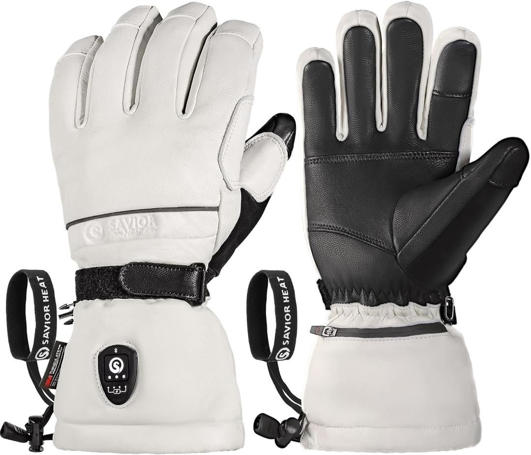 SAVIOR HEAT Heated Gloves for Men Women, EH 8 Pro Electric Leather Ski Gloves for Extreme Cold -5, Aero-Grade Aerogel 3M Insulation, 3000mAh Rechargeable Battery Waterproof for Skiers (White)