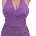 COCOPEAR One Piece Crossover Swimsuit High Waisted Tummy Control Swimwear Ruched Halter Push Up Bathing Suits for Women. M