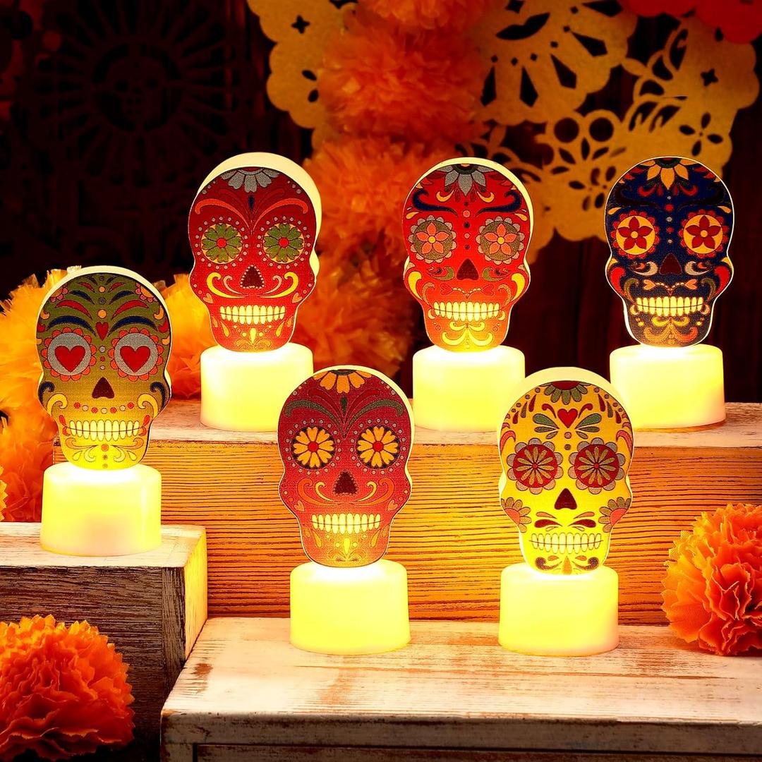 Tuanse 6 Pcs Halloween Day of The Dead LED Flameless Tealight Candles Dia De Muertos Suger Skull Gifts Mexican Halloween Flameless Candles for Bedroom Living Room Ofrenda Decorations