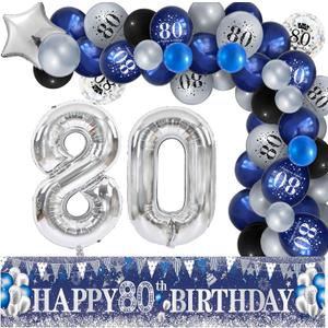 Blue 80th Birthday Decorations for Men, Women, Navy Silver Happy Birthday Yard Banner, Balloons for Anniversary Party Supplies