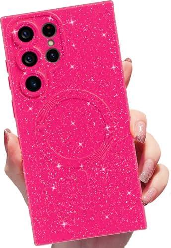 MINSCOSE for Samsung Galaxy S25 Ultra Magnetic Neon Phone Case[Compatible with Magsafe],Cute Bling Glitter Thin Slim Shockproof Sparkly Cover for Women Girl for Samsung Galaxy S25 Ultra -Hot Pink