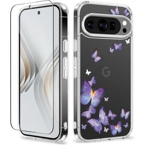 GVIEWIN for Google Pixel 9 Case/Pixel 9 Pro Case, [Screen Protector] [Military Grade Protection] Clear Floral Slim Shockproof Protective Women Phone Case Cover for Pixel 9 (Alluring Butterfly/Purple)