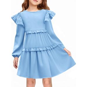 Haloumoning Girls Long Sleeve Dress Kids Ruffle Babydoll Dress Casual Party Swing Dresses 5-14 Years