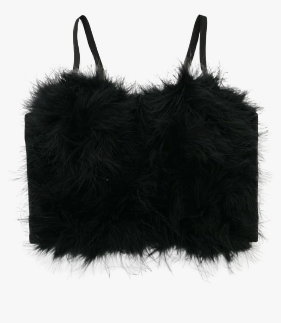 Women\'s Feather Trim Cami Top, Built-in Bra, Furry Bustier, Slim Fit, M