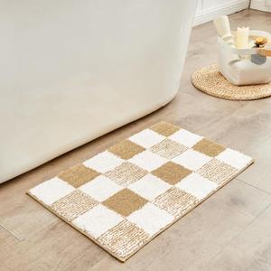 CozeCube Checkered Bath mats for Bathroom Non Slip, Fluffy Absorbent Microfiber Bath mat Washable, Aesthetic Bathroom Rugs, Cute Bath mat for Shower Sink, Beige, 24" x 16" (2' x 1'4" (Rectangular), Checkered-beige)