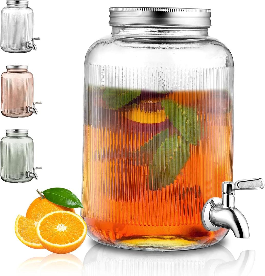 Glass Drink Dispenser for Fridge, 1 Gallon Beverage Dispenser with Leakproof Stainless Steel Spigot, Water, Laundry Detergent, Juice Dispenser for BBQ, Picnic, Parties and Events (Clear)