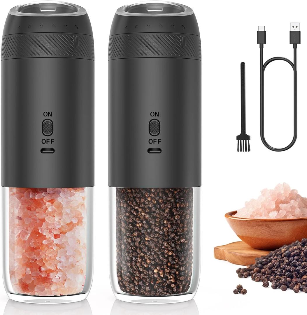 Yumcook Rechargeable Electric Salt and Pepper Grinder Set, Gravity Automatic Salt and Pepper Shakers with LED Light, Type C Charging, Adjustable Coarseness, Large Capacity Mills Set (Black & Black)