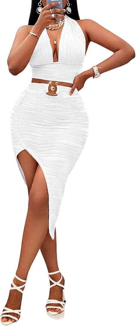Womens 2 Piece Outfits Sexy Club Outwear Night Out Crop Top and Bodycon Skirt Set Dresses (Large, 903 White)