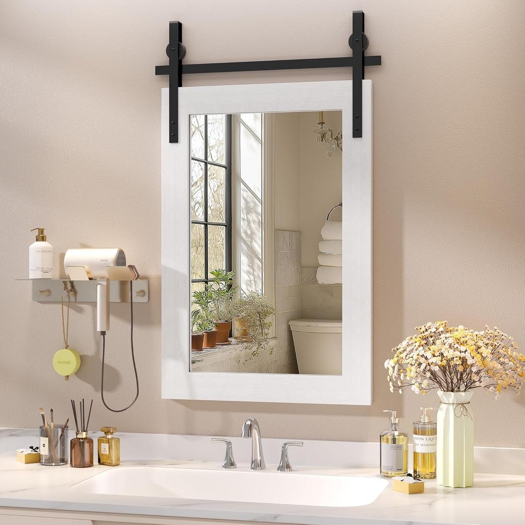 Hasipu Farmhouse Bathroom Mirror, 18"x26" Rustic Wood Framed Wall Mounted Mirror, White Vintage Vanity Mirror Barn Door Style Decrative Mirrors