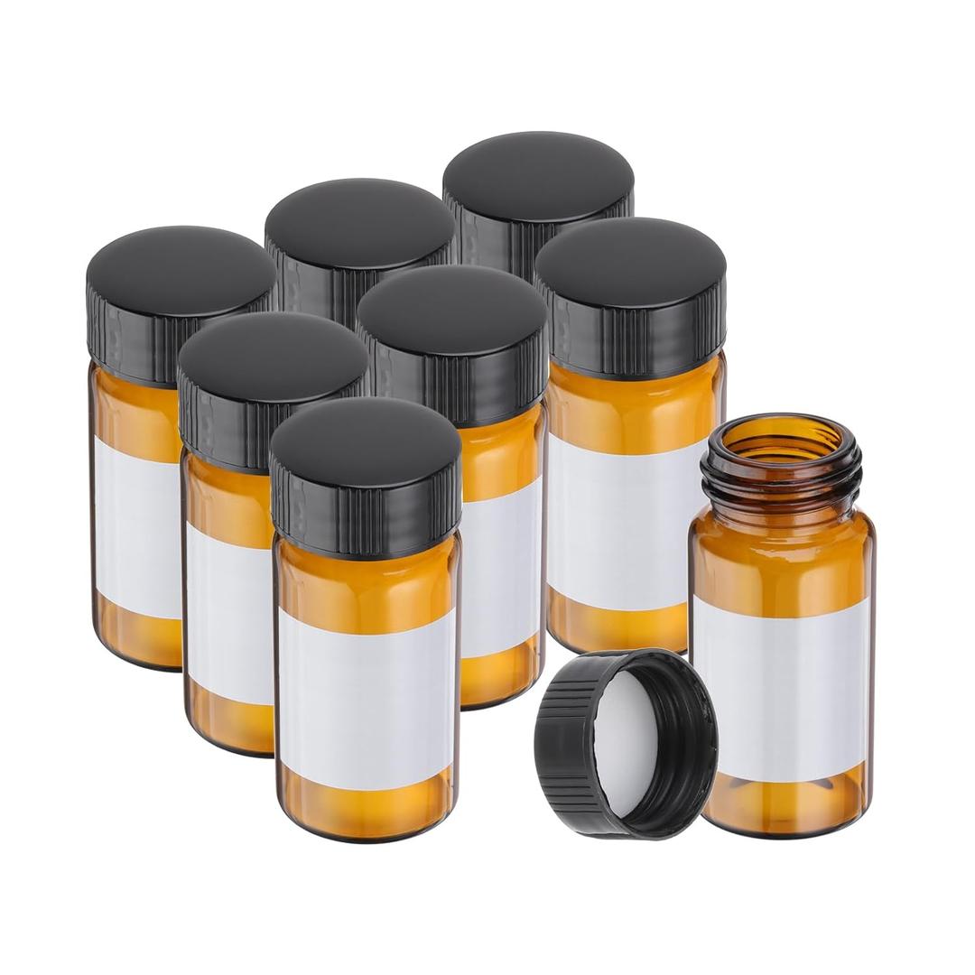 PATIKIL 8pcs 20ml Small Brown Glass Vials with Black Screw Cap, Borosilicate Glass Sample Bottles with Writing Label for Solid Liquid Powder Storage