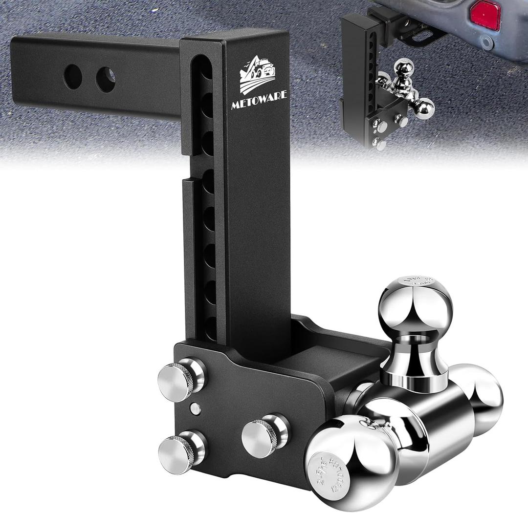 METOWARE Adjustable Trailer Hitch Fits 2-Inch Receiver - Heavy Duty Drop Hitch with 8-Inch Drop/Rise (12,500 LBS GTW) - Tri-Ball (1-7/8'', 2'', 2-5/16'') and Anti-Theft Stainless Steel Lock