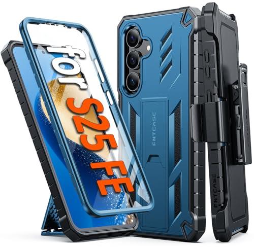 FNTCASE for Samsung Galaxy S25-FE Case: Military Grade Rugged Cell Phone Cover with Kickstand & Holster | Shockproof TPU Protection Bumper Matte Textured Design for Galaxy S25 FE Cases 6.7inch - Blue