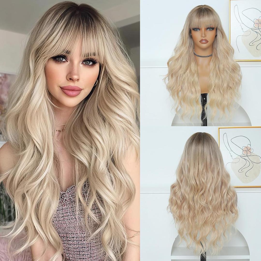 Blonde Wig for Women, Long Blonde Wavy Wig with Bangs 26 Inch Wigs Natural Looking Heat Resistant Synthetic Wig for Daily Party Use