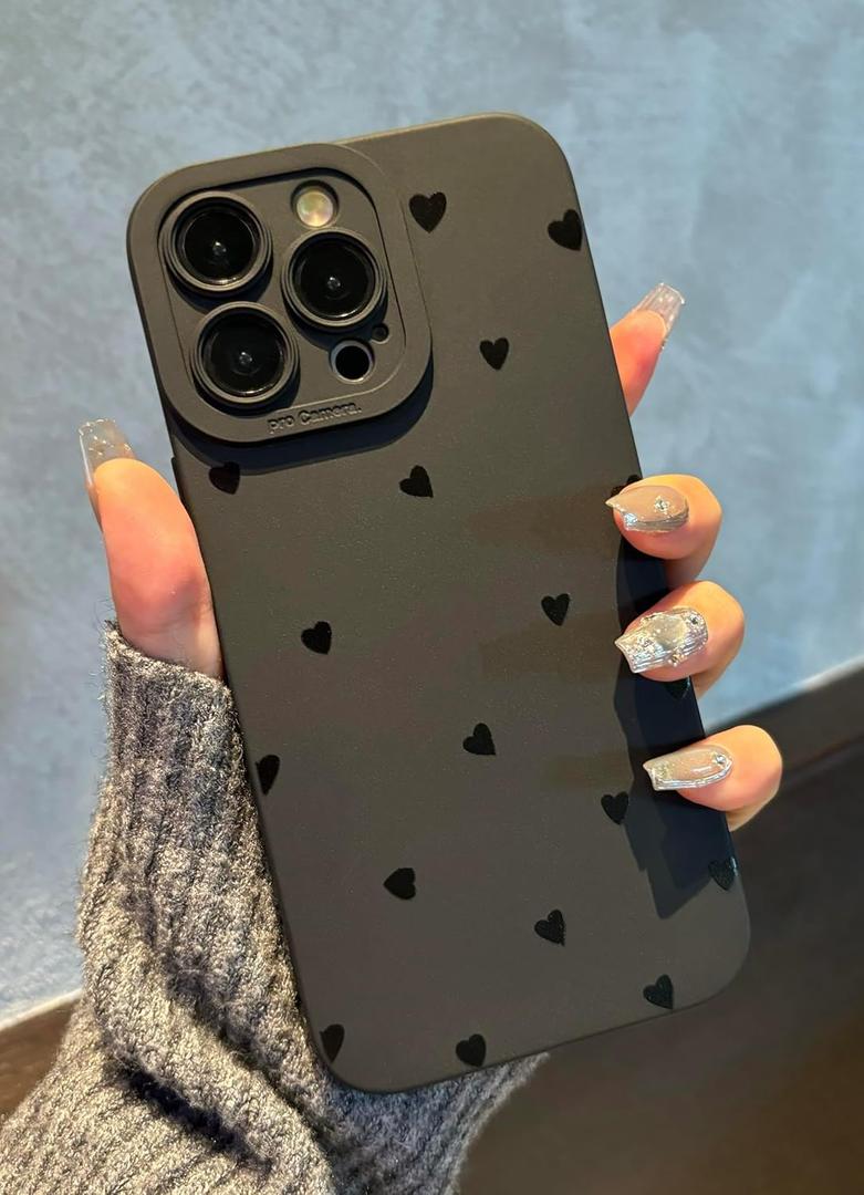 for iPhone 16 Pro Max Case 6.9 Inch 2024, Aesthetic Love Hearts Print Phone Case for Women Girls Men, Silicone Protective Phone Cover for iPhone 16 Pro Max, Black Love Hearts