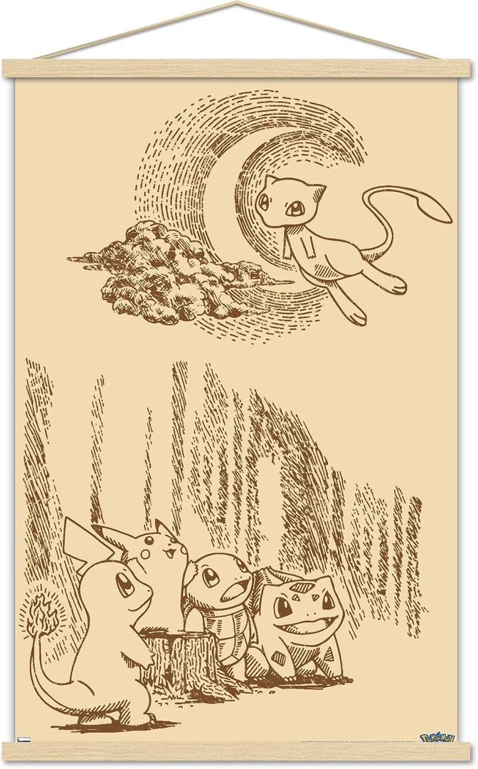 Trends International Pokmon - Sepia Scene Wall Poster with Magnetic Frame, 34L x 22.4W, Print and Beechwood Hanger Bundle