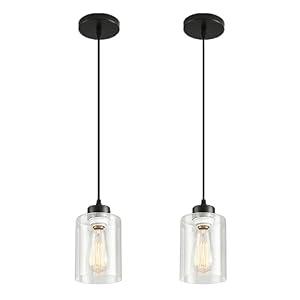 CAFULAM Modern Black Farmhouse Pendant Light with Glass Shade, Industrial Pendant Lighting, Adjustable Hanging Light Fixtures, Farmhouse Pendant Lighting 2 PACK