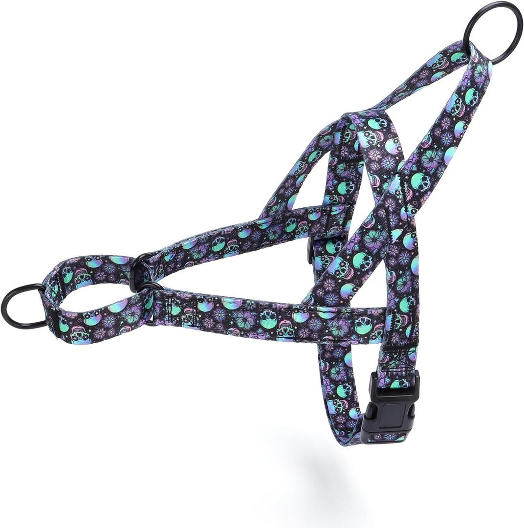 No Pull Dog Harness for Easy Walk, Floral Pattern Female Safety Nylon Training Collar for Puppy Small, Medium, and Large Dogs (Skull, S)