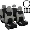 FH Group Universal Fit Gray Black Automotive Seat Covers Combo Set with Steering Wheel Cover and Seat Belt Pad fits Most Cars, SUVs, and Trucks (Airbag Compatible and Split Bench)