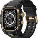 amBand Rugged Case with Band for Apple Watch 45mm, Compatible with Apple Watch (iWatch) Series 9/8/7, Military Grade Shockproof Bumper Cover, Tactical Band for Men, Black Gold