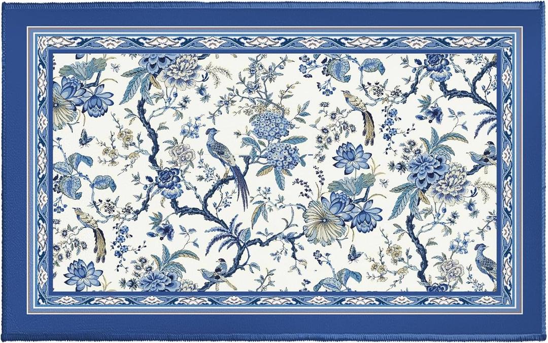 Chinoiserie Bath Rug 32x20 Inch, Blue White Birds Floral Bathroom Mats, Porcelain Oriental Flower Non-Slip Absorbent Bathroom Rugs for Bedroom Shower Room Bathtub Bedside Sink (1'8" x 2'8" (Rectangular))