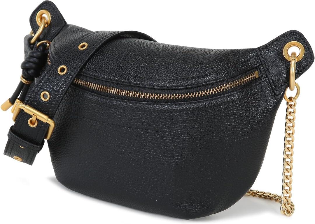 Genuine Leather Waist Packs for Women, Fashion Fanny Pack Belt Bag, Luxury Designer Trendy Crossbody Bag, Festival Bum Bags for Sports Traveling Running With Chain Straps (Black)
