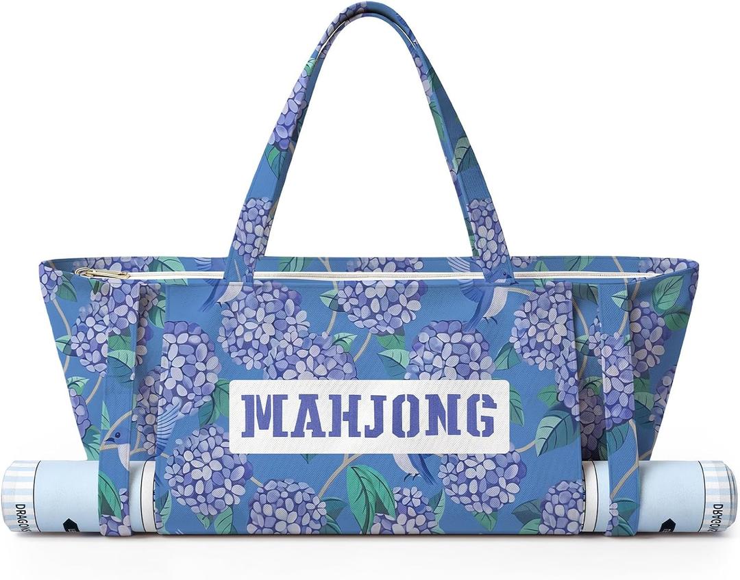 Shinylin 28 x 9 Inches Floral Mahjong Bag for Tiles and Racks Canvas Tote Bag with Mat Holder Accessories Organizer Portable Mahjong Case Drawstring Protective Sleeve (Blue Hydrangea)