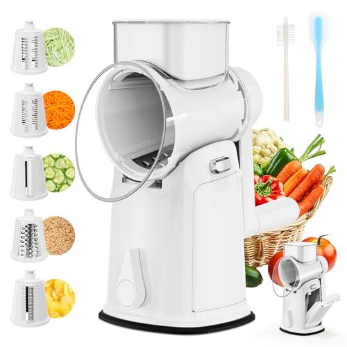 YSEPOZ 7 IN 1 Upgraded Rotary Cheese Grater with Handle – Vegetable Shredder with Built-in Storage Blade Slot, 5 Versatile Blades, Strong Suction Base Round Mandoline Slicer, Food Chopper for Kitchen