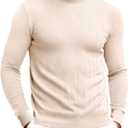 Runcati Mens Mock Turtleneck Sweater Slim Fit Casual Ribbed Knitted Pullover Fall Winter Basic Warm Sweaters (Beige, L)