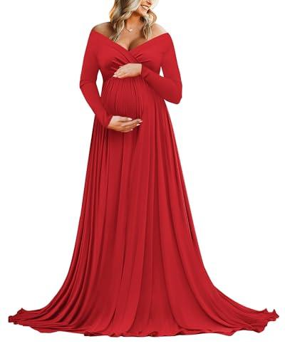 Saslax Maternity Off Shoulders Long Sleeve Half Circle Gown for Baby Shower Photo Props Dress Red 83 Large