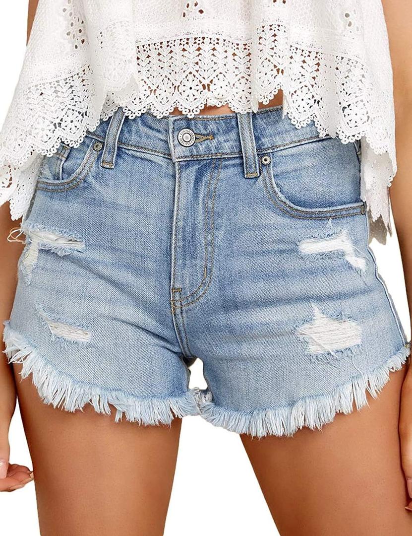 Angerella Denim Shorts for Women Mid Rise Ripped Jean Shorts Stretchy Folded Hem Hot Short Jeans (X-Large, #03 B-light Blue)