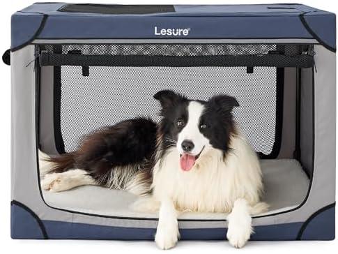 Lesure Soft Collapsible Dog Crate - 36 Inch Portable Travel Crate for Large Dogs Indoor & Outdoor, 4-Door Foldable Pet Kennel with Mesh Windows, Blue