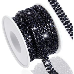 3 Yards 3 Rows Crystal Rhinestone Chain Trim for Crafts, Black Close Chain for Jewelry Making, Wedding Cake, Bouquet, Clothes, DIY Crocs, Cups, Sewing Trim (12-Black Rhinestone with Silver Base)