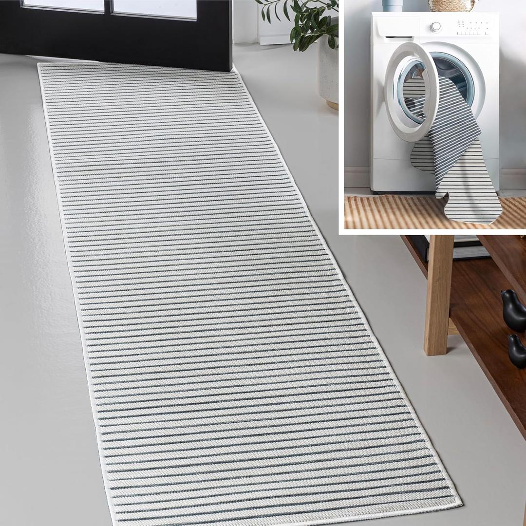 JONATHAN Y SVH102A-28 Damon Classic Coastal Pinstripe Reversible Machine-Washable Navy/Cream 2 ft. x 8 ft. Indoor/Outdoor Runner Rug, Hose-Washable, for Patio, Backyard, Garden, Porch, Non-Shedding (2' x 8' (Rectangular))