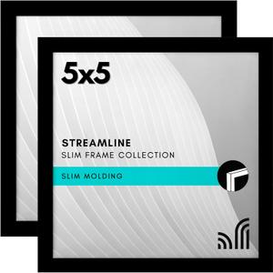 American flat 5x5 Picture Frame with Shatter-Resistant Glass - Set of 2 - Streamline Collection - Thin Border Square Frame for Tabletop and Wall - Hanging Hardware and Easel Stand Included - Black