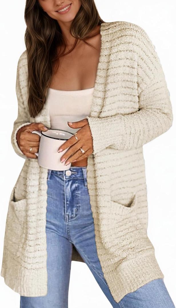 CiCiBird Women Long Cardigan Fuzzy Cardigan Sweater Open Front Knit Outwear Coat with Pocket (X-Large)