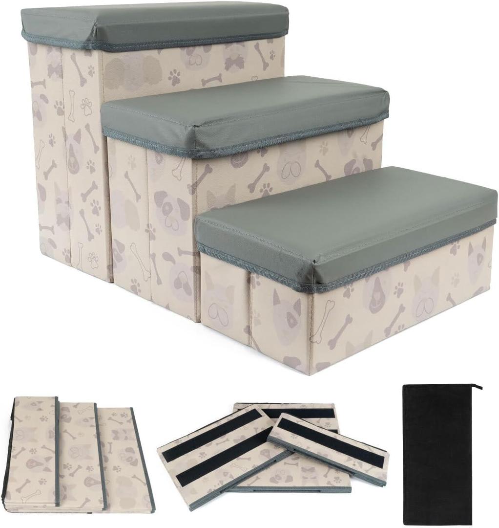 Foldable Dog Ramp for Small to large Pets, Non Slip Oxford Fabric Bottom, Mesh Storage Pocket & Belcro Base, Pet Stairs for High Beds, Cars, Couches & Stairs. PU Leather Cover with Printed Sides Grey. Foldable Dog Ramp for Small to large Pets, Non Slip Oxford Fabric Bottom, Mesh Storage Pocket & Belcro Base, Pet Stairs for High Beds, Cars, Couches & Stairs. PU Leather Cover with Printed Sides Grey.