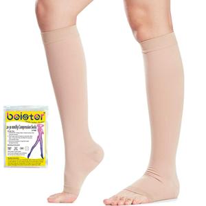 Beister 20-30 mmHg Knee High Compression Socks for Women Men Calf Varicose Veins (Large, Beige)