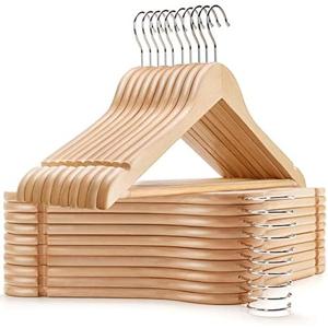 Amber Home Pack of 16 Wooden Coat Hangers, Natural Wood Suit Hangers with Non Slip Pant Bar, Clothes Hangers for Shirts, Jackets, Dress, Pant (Natural, 16)