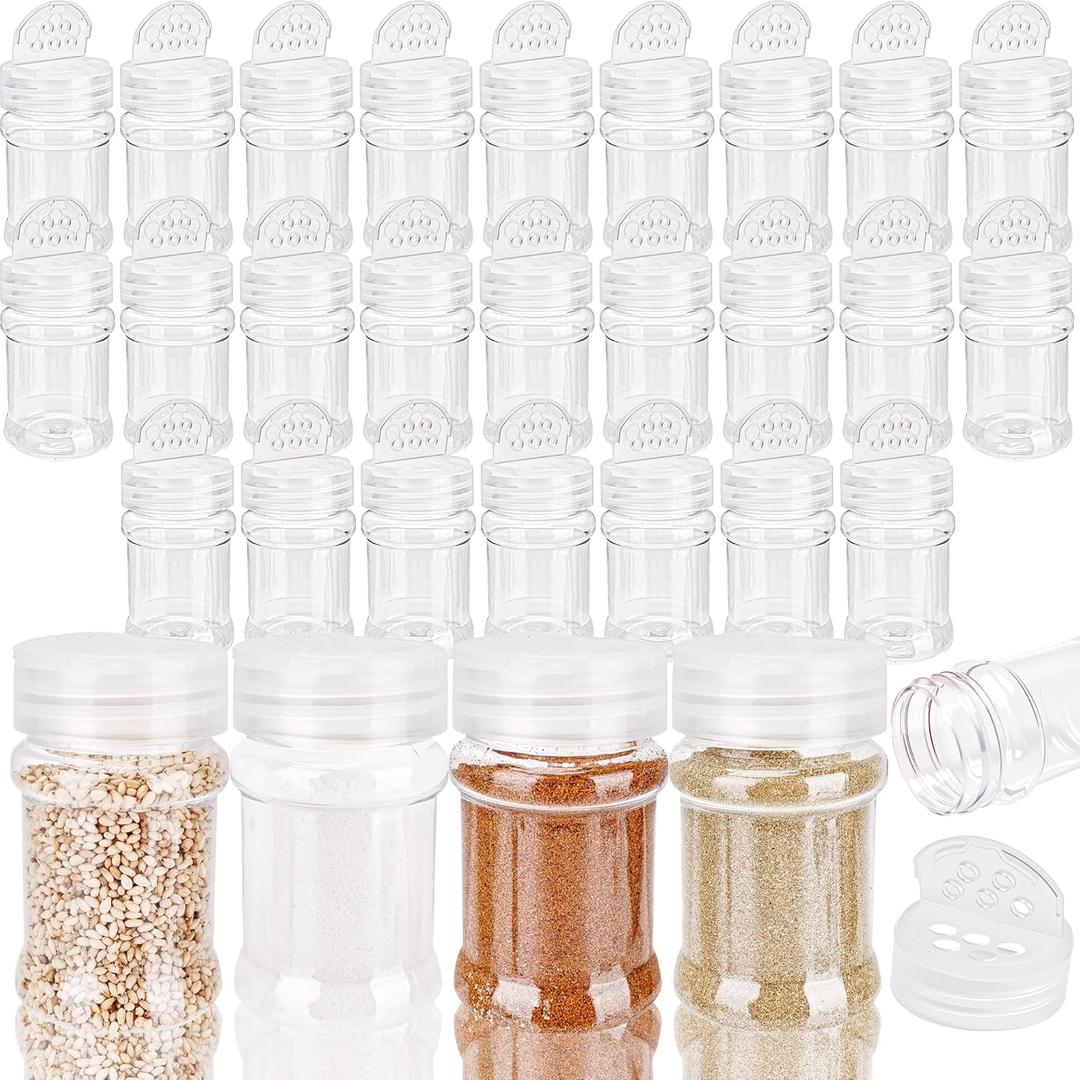 30 Pcs 2 oz Mini Plastic Spice Jars with Sifters Clear Empty Spice Bottles Round Seasoning Containers for Travel Kitchen (Clear Top with 5 Hole)
