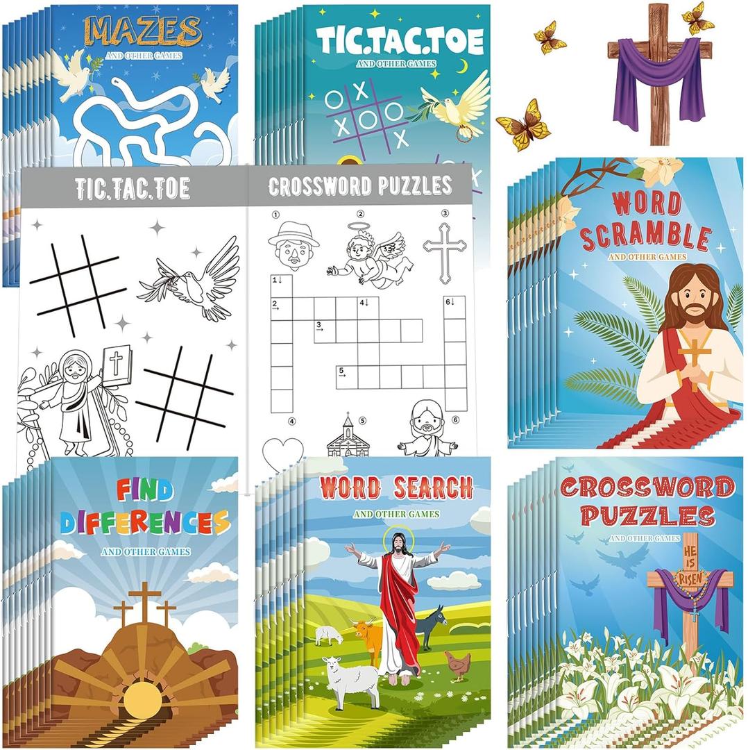 Hungdao 48 Pcs He is Risen Easter Mini Activity Books for Kids Mini Christian Coloring Challenging Games Activity Books Bulk for Easter Party Favors Basket Stuffers Class School Supplies