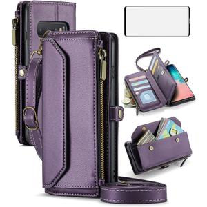 Asuwish Phone Case for Samsung Galaxy S10 Zipper Wallet Cover with Tempered Glass Screen Protector and Leather Flip RFID Blocking Credit Cash Card Holder Cell S 10 Edge 10S GS10 X10 Women Girls Purple