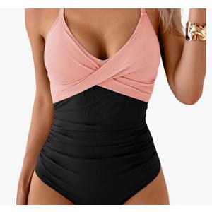B2prity Women's One Piece Swimsuits Tummy Control Front Cross Bathing Suits Tie Back Slimming V Neck Swimwear, Large