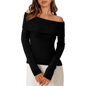 PRETTYGARDEN Off The Shoulder Sweater for Women 2025 Fall Fashion Cute Long Sleeve Tops Winter Ribbed Pullover Knit Outfits XL, Black