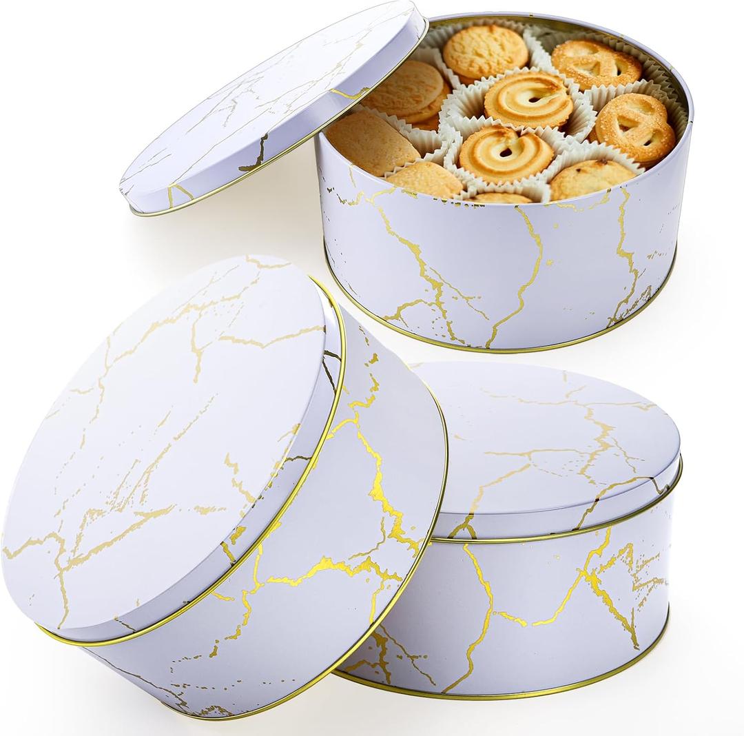 Yopay 3 Pack Cookie Tins with Lids, Round Gift Boxes for Toffee, Marbled Easter Baking Cake Containers for Valentines Gift Giving Puff Pastries Craft Supplies Metal Canister