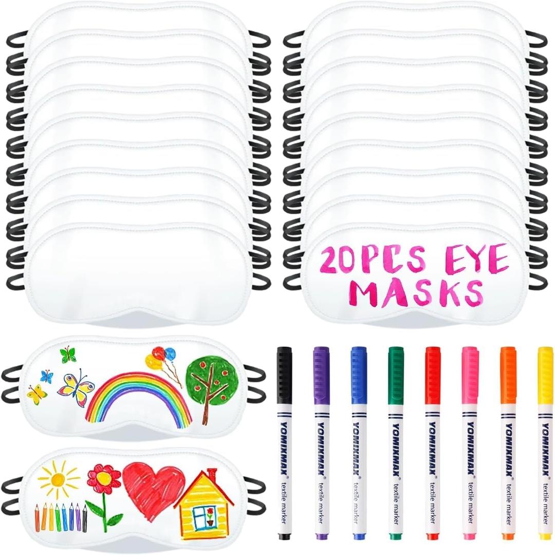 20 PCS Eye Mask Sleepover Party Supplies, Slumber Party Favors Pajama Party Decorations Sleep White Soft Shade Blindfold Eye Covering, Color the Bulk Game Stuff with 8 PCS Fabric Marker Pens