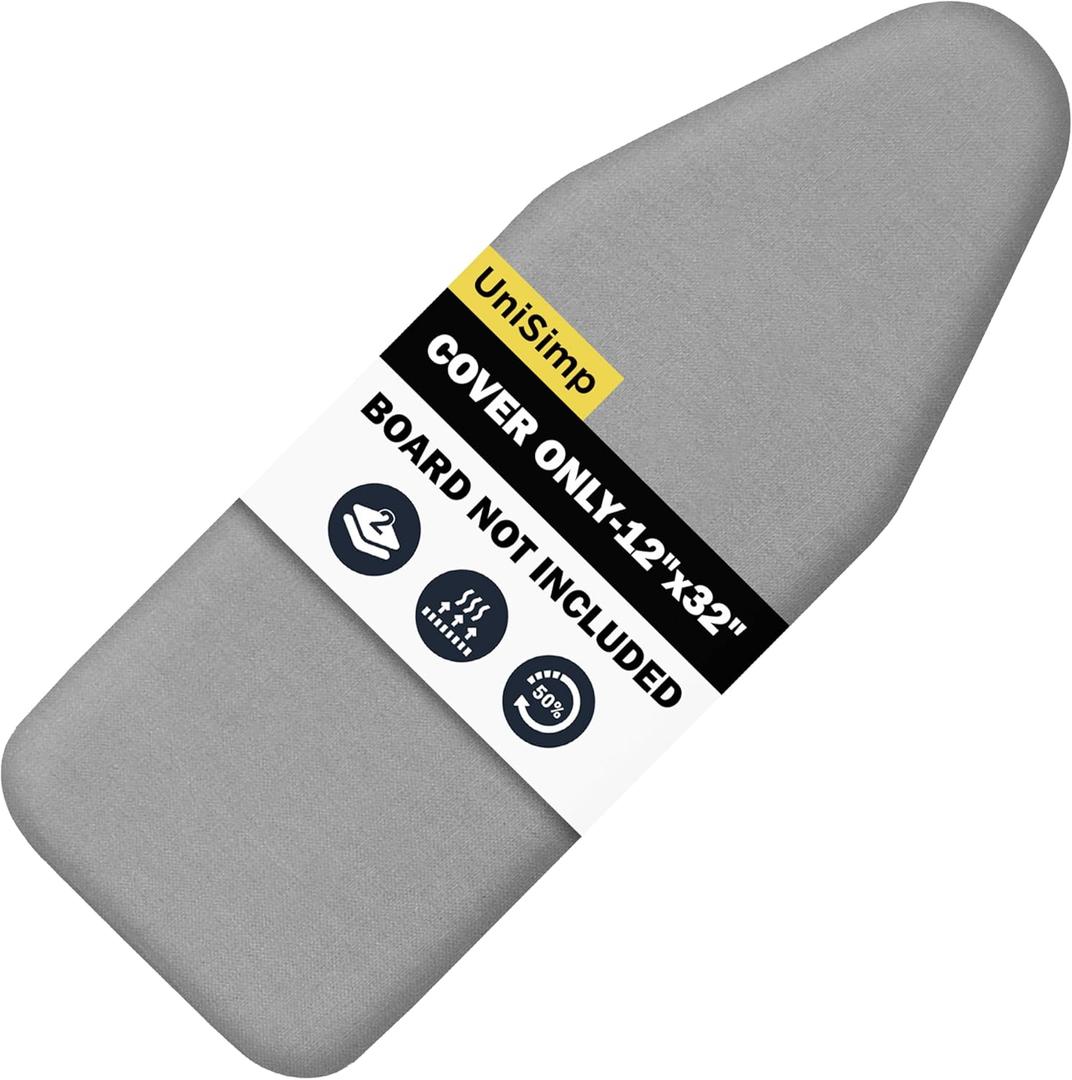 UniSimp Small Ironing Board Cover and Pad 12"x32" Small Iron Board Cover with Padding,Tabletop Mini Ironing Board Cover and Pad Small Size, Cotton Canvas, Heat Resistant, Drawstring Gray