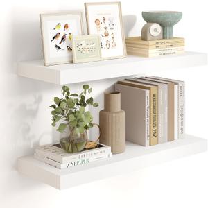 24 inch Floating Shelves for Wall,9.3 inch deep White Wood Shelves with Invisible Brackets,Wall Mounted Storage & Display Shelves for Bedroom,Living Room,Set of 2 (23.6"Wx9.3"Dx1.6"H, Set of 2)