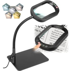 Veemagni 10X Rectangle Magnifying Glass with Light and Stand, Flexible Gooseneck LED Lighted Desk Lamp, 5 Color Modes Stepless Dimmable, Hands Free Magnifier for Reading Crafts Painting Close Work (Black)