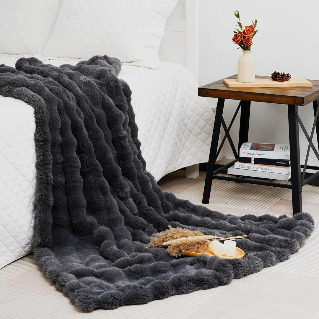 July Soft Bubble Fleece Throw Blanket for Couch, Faux Fur Blanket for Bed, Reversible Cozy Plush Blanket for Sofa, All Seasons Cozy Gifts, Machine Washable, 50" x 60", Dark Gray, SC-DG5060